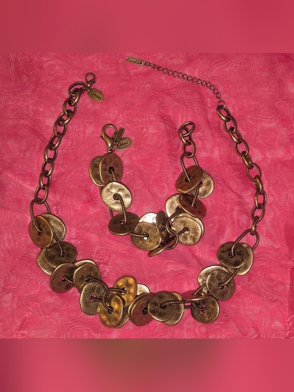 Vintage Akss London Heavy Gold-Tone Brutalist Disc Necklace & Bracelet Set